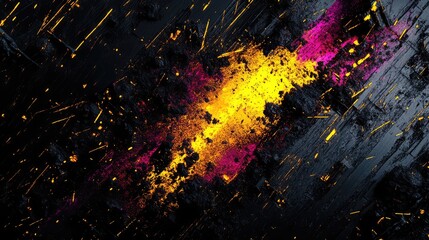 Abstract textured dark surface with geometric elements showing a burst of bright yellow and magenta dust and sparkling light particles, creating a dynamic background