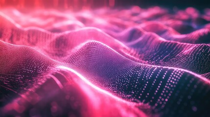 Glowing particle waves forming a vibrant, abstract digital landscape, representing concepts of technology, artificial intelligence, and big data visualization