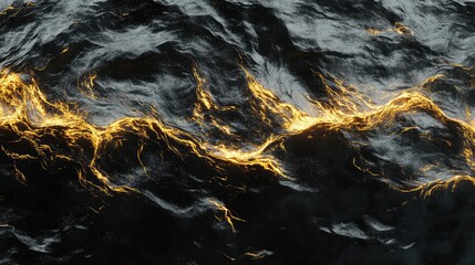 Abstract dark texture creating a dynamic background, showing rough surfaces illuminated by flowing golden light, representing power, energy, or volcanic magma