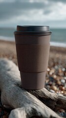 Naklejka premium Solitary coffee cup on driftwood whispers autumnal equinox serenity, blending coastal contemplation with International Coffee Days warmth