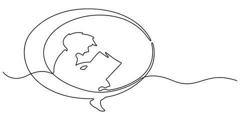 Continuous line of boy reading a book sitting on the floor. One line drawing of happy boy studying. Single line vector illustration. Isolated white background.