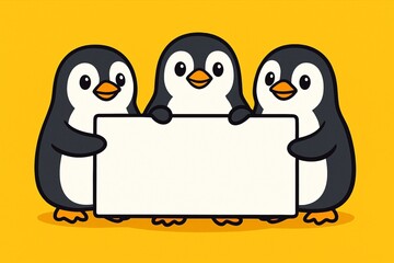 Naklejka premium Three penguins holding a blank poster, bright yellow background, copy space