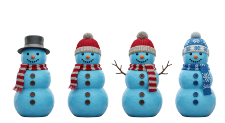 Four distinct, cheerful, icy blue snowmen in hats, scarves, and buttons, aligned horizontally on a transparent background with copy space. Modern festive holiday greeting concept