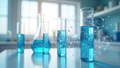 Lab equipment with blue liquid in glass tubes. Molecular structure overlay shows scientific discovery. Testing, research, analysis, and innovation in chemistry and medicine.