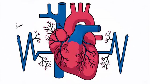 Human heart anatomy illustration showing circulatory system and internal organ structure with blood vessels