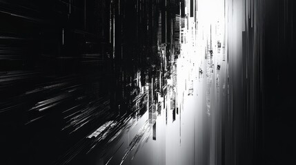 Abstract digital composition creating a dynamic visual effect with black and white segments, forming a futuristic concept of technology, data processing, and information flow