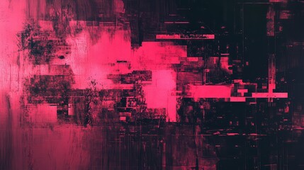Abstract background creating a digital glitch effect and data stream distortion, displaying vibrant magenta and deep dark colors with a rough grunge texture