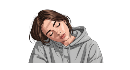 Peaceful young woman with brown hair sleeping soundly wearing a comfortable grey hooded sweatshirt isolated on a transparent background