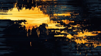 Dark background melts into warm yellow orange glitch bands, pixelated distortion and noise forming a modern, futuristic digital art backdrop with bold textured motion effects