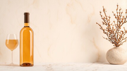 Bottle of wine and glass beside dried flowers on a marble table