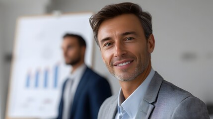 A smiling businessman in a suit looks forward in a modern office setting with a blurred presentation in the background