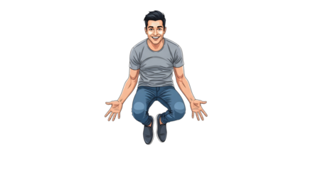 Excited young man floating with open hands in a dynamic comic book-style illustration isolated on a transparent background