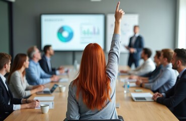 Red-haired businesswoman raises hand, asks question during corporate meeting. Diverse team attends presentation in modern office room. Speaker stands in front of large screen with charts, sharing
