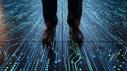Digital Footprint: A person stands on a surface displaying a complex network of circuit board designs, representing the digital world and technology