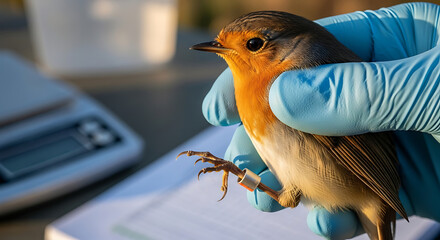 Handheld bird being examined by researcher wearing gloves outdoors  