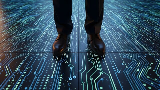 Digital Footprint: A person stands on a surface displaying a complex network of circuit board designs, representing the digital world and technology - Powered by Adobe