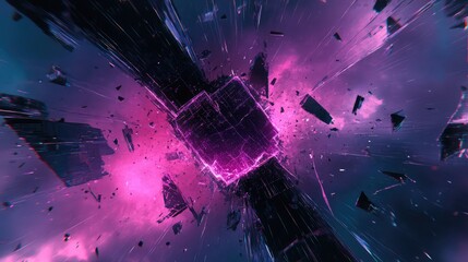 Glowing cube shattering into sharp purple and pink fragments, exploding with digital light and energy against a dark futuristic backdrop, evoking tech disruption and cyberspace motion