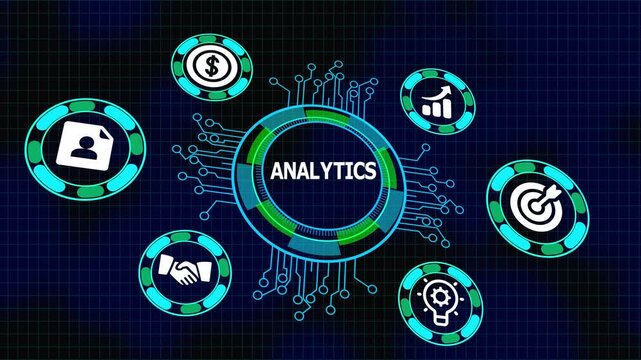 Business analytics and data intelligence concept with insight icons, digital visualization interface and decision support system.