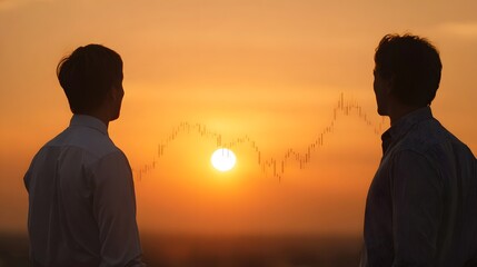 Two men observe a market chart superimposed on a vibrant sunset symbolizing financial growth and opport