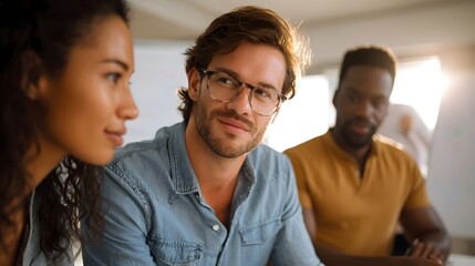 A diverse group of professionals engaged in a collaborative meeting in a bright modern office space