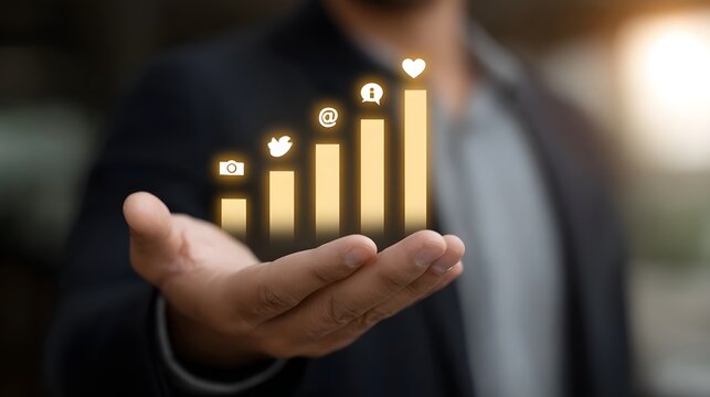 Hand presenting a glowing bar graph with social media icons symbolizing digital growth and online engagement - Powered by Adobe