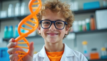 Young boy scientist in lab coat and glasses holds orange DNA model. Child learns genetics and molecular structure in classroom or laboratory setting. Happy kid studies science and biology.