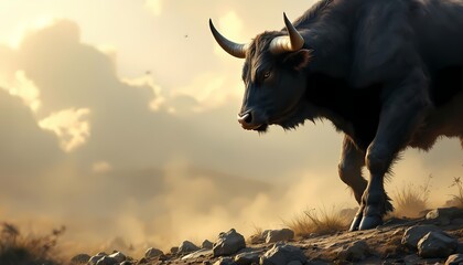 A Powerful Black Bull Standing on a Rocky Summit Against a Dramatic Golden Sky Symbolizing Strength and Market Optimism