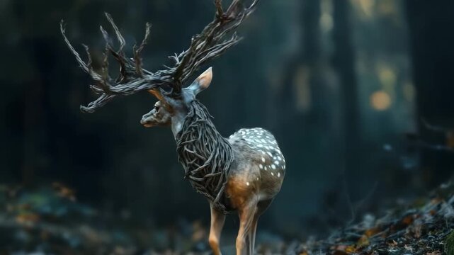 Majestic stag with antlers resembling tree branches stands in a misty forest during early morning light