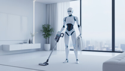 Futuristic humanoid robot vacuuming modern minimalistic living room with advanced smart technology

