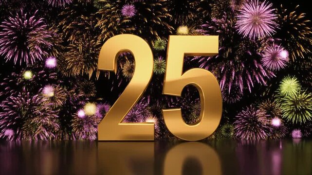 Gold number 25 with fireworks in the background. Festive scene for birthday or anniversary party