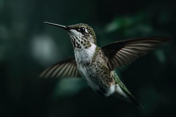 Obraz premium Hummingbird in flight among lush foliage showcasing intricate wing details in a natural outdoor setting
