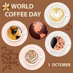 World coffee day postcard illustration with a set of different types of coffee and a globe