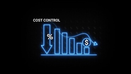 Neon blue bar graph illustrating cost control with percentage symbols and a dollar sign arrow indicating downward trend on a dark grid background Keywords: cost control, financial graph, neon blue - Powered by Adobe