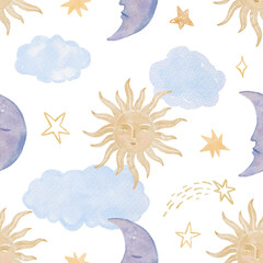 Whimsical watercolor seamless pattern with sun and moon with serene faces and clouds rendered in warm gold and cool blue colours. Perfect for astrology designs, backgrounds, stationery, packaging.