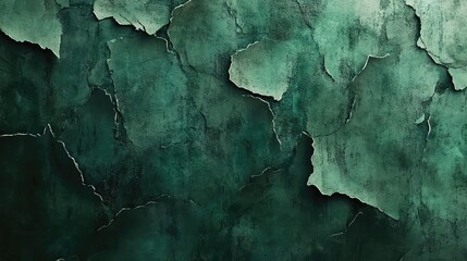 Green paint is peeling away from a textured, rough, and decaying wall surface, creating a distressed grunge background with an aged and weathered appearance