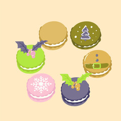 Christmas-themed macarons decorated with winter elements on a soft pastel background. Sweet holiday dessert illustration for seasonal design projects.