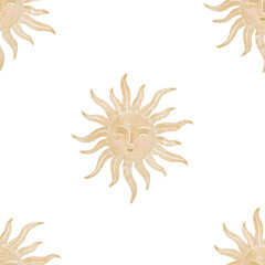 Whimsical watercolor seamless pattern with sun with serene faces, rendered in warm gold and cool blue colours. Perfect for astrology designs, backgrounds, stationery, packaging.