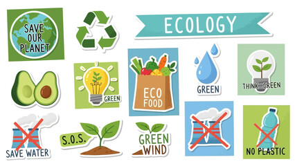 Ecology and environmental conservation stickers on white background vector
