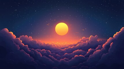 Bright glowing sun with warm orange light rising or setting above a vast expanse of soft, fluffy cumulus clouds under a deep blue, star filled evening or night sky