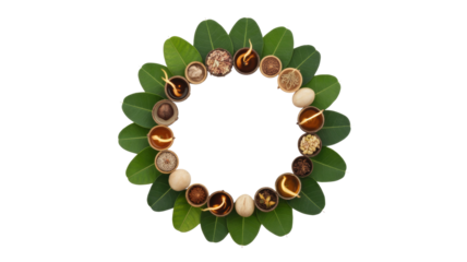 Diwali oil lamps and leaves wreath.