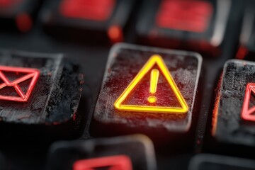 Realistic email inbox alert displays spam virus warning on keyboard with illuminated warning icon and message notification symbols occurring in a tech environment
