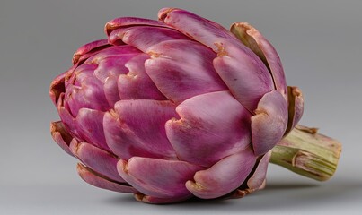 Obraz premium Artichoke rests on neutral surface, showcasing deep purple color and distinct shape, ideal for food styling and culinary design