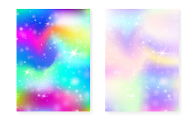 Unicorn background with kawaii magic gradient. Princess rainbow hologram. Holographic fairy set. Bright fantasy cover. Unicorn background with sparkles and stars for cute girl party invitation.
