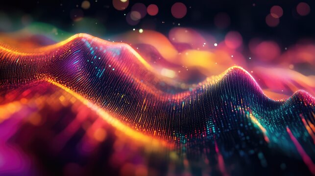 Digital data stream flowing as a vibrant wavy pattern of glowing particles, symbolizing modern technology, artificial intelligence, big data analytics, and global network connectivity concepts - Powered by Adobe