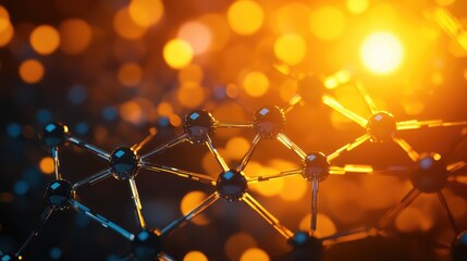 Abstract network structure representing molecular science, digital technology, neural connections, and global communication amidst a glowing bokeh background, symbolizing connectivity and innovation
