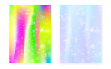 Unicorn background with kawaii magic gradient. Princess rainbow hologram. Holographic fairy set. Spectrum fantasy cover. Unicorn background with sparkles and stars for cute girl party invitation.
