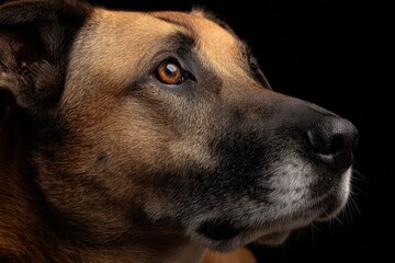 Dog posing in studio with dark background showcasing natural beauty and expressive features in detailed close-up shot