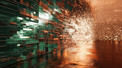 Abstract digital space featuring a patterned wall transitioning into a dynamic flow of glowing particles, symbolizing data transfer and connectivity within a technological infrastructure