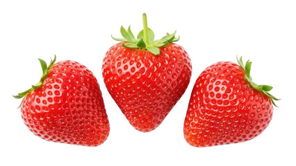 Isolated strawberries, three organic fresh fruits on plain setting, tasty seasonal food item