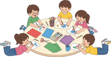 Cute cartoon children sitting around a round table drawing and painting with watercolors for elementary school art class and creative education design.